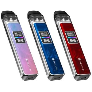 Three Dovpo Limpid Pod Kits in pink, blue, and red with digital displays.