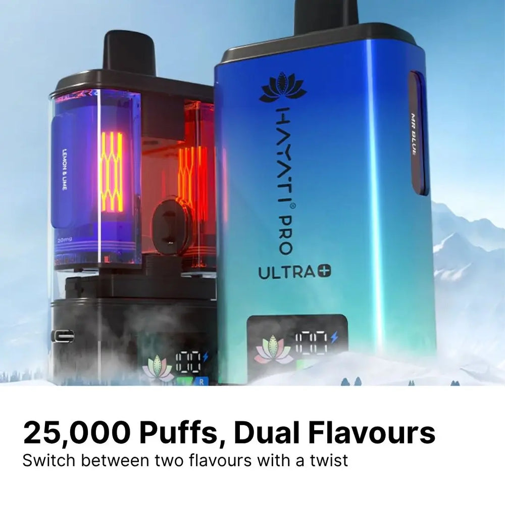 Hayati Pro Ultra Plus 25000 puffs dual flavour vape kit showing two separate tanks with smart display - switch between two Hayati Pro Ultra flavours with a twist