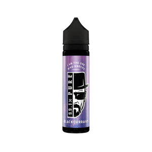 99.1% Pure Blackcurrant 50ml shortfill e-liquid bottle with a purple label and black cap.