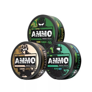 Ammo caffine pouches in three different flavours - tropic thunder, caramel coffee and pepper mint