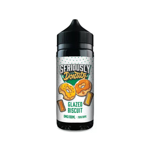 A bottle of doozy vape seriously donuts 100ml shortfill e-liquid in glazed biscuit flavour.