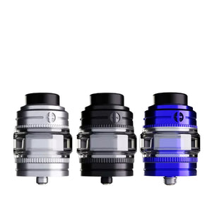 A horizontal line display of the Early Bird Emperor RTA tank hardware in four distinct color variants, lined up against a solid white background from left to right: stainless steel, matte black, electric blue.