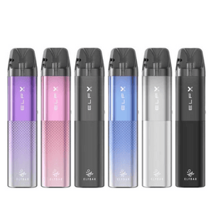 Six colourful Elf Bar ELFX pod vape kits in a row, each with a sleek design.