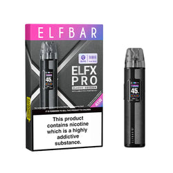 Elf Bar Elfx Pro Pod Vape Kit lineup showcasing five stylish colour options: pink, green, orange, bronze, and black. Features a sleek cylindrical design with a digital screen displaying 'Turbo 45W' and a transparent pod for e-liquid visibility.