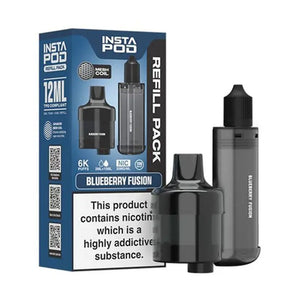 Instafill Vape Refill pack for the Instafill Vape in Blueberry Fusion flavour showing 12ml TPD compliant refill with mesh coil technology, and 6K puff capacity