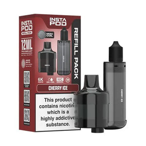 Instafill Vape Refill pack for the Instafill Vape in Cherry Ice flavour showing 12ml TPD compliant refill with mesh coil technology, and 6K puff capacity