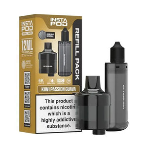 Instafill Vape Refill pack for the Instafill Vape in Kiwi Passion Guava flavour showing 12ml TPD compliant refill with mesh coil technology, and 6K puff capacity