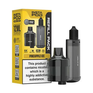 Instafill Vape Refill pack for the Instafill Vape in Pineapple Ice flavour showing 12ml TPD compliant refill with mesh coil technology, and 6K puff capacity