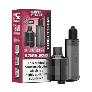 Instafill Vape Refill pack for the Instafill Vape in Raspberry Lemonade showing 12ml TPD compliant refill with mesh coil technology, and 6K puff capacity
