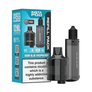 Instafill Vape Refill pack for the Instafill Vape in Sour Blue Raspberry flavour showing 12ml TPD compliant refill with mesh coil technology, and 6K puff capacity