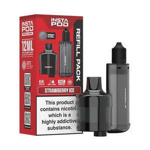 Instafill Vape Refill pack for the Instafill Vape in Strawberry Ice flavour showing 12ml TPD compliant refill with mesh coil technology, and 6K puff capacity