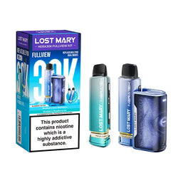 The image shows the Lost Mary NERA 30K Vape Kit, including the device itself, two pods, and packaging with branding and flavor information.