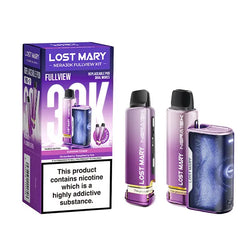 The image shows the Lost Mary NERA 30K Vape Kit, including the device itself, two pods, and packaging with branding and flavor information.