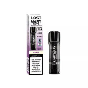 Lost Mary Tappo Prefilled Vape Pod Containing Grape Flavoured 20mg Nic Salt E-liquid for the Lost Mary Tappo Pro Pod Kit