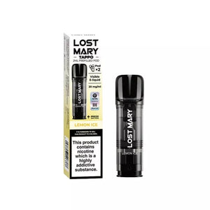 Lost Mary Tappo Prefilled Vape Pod Containing Lemon Ice Flavoured 20mg Nic Salt E-liquid for the Lost Mary Tappo Pro Pod Kit