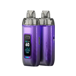 Four OXVA V-Prime pod vape kits in brown, purple, and black carbon fibre designs.