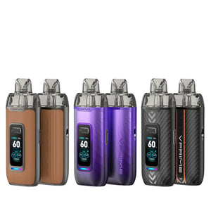 Four OXVA V-Prime pod vape kits in brown, purple, and black carbon fibre designs.