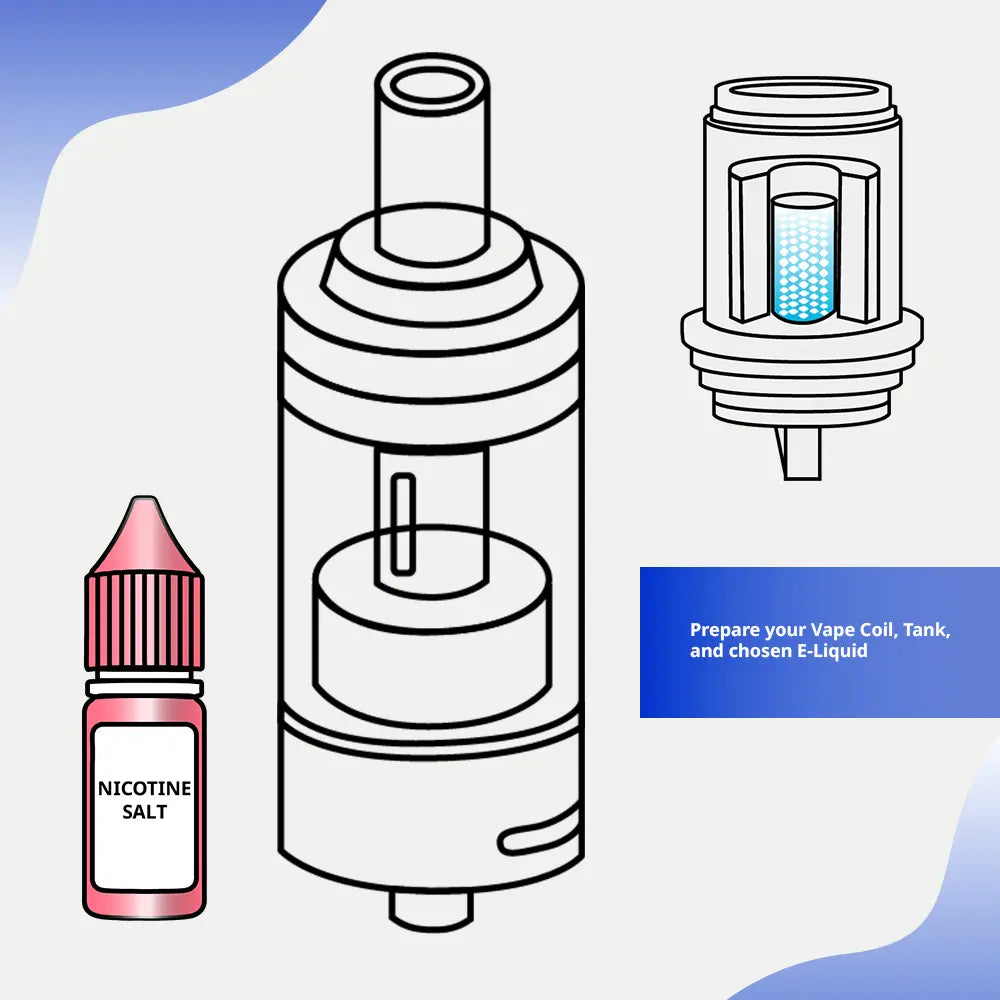 Illustration of a vape kit setup showing a vape coil, tank, and nicotine salt e-liquid ready for assembly.
