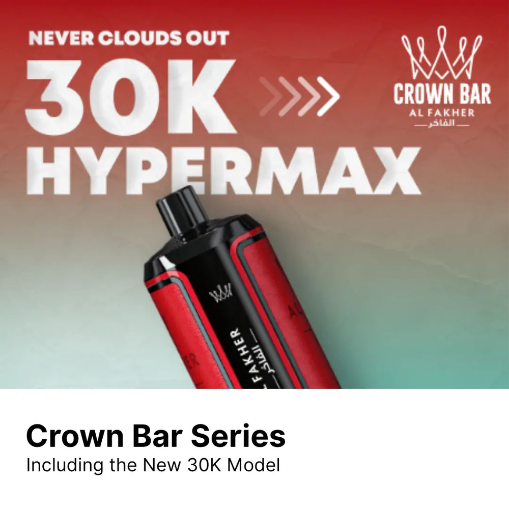 Red al fakher vape device with '30K Hypermax' branding on a gradient background