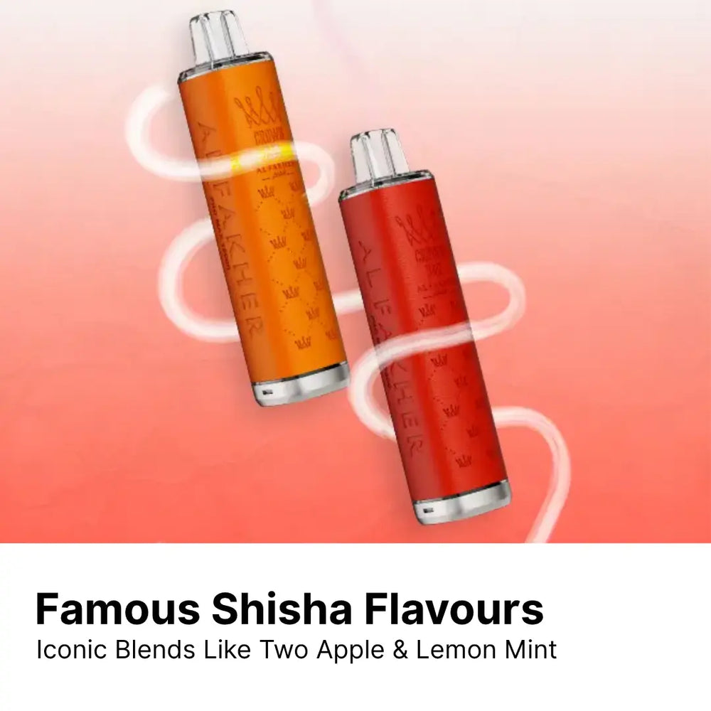 Two al fakher vapes on a pink background with text about famous al fakher shisha flavours