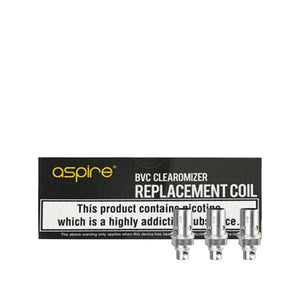 Aspire BVC replacement coils, five pieces in front of a black and white branded box.