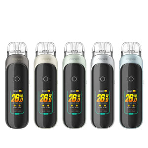 Aspire Pixo Pod Vape Kit in five colours, displaying 26W power settings on the screen.