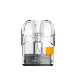 Two Aspire Pixo replacement pods, 1.0Ω and 0.4Ω, with clear casing and orange accents.