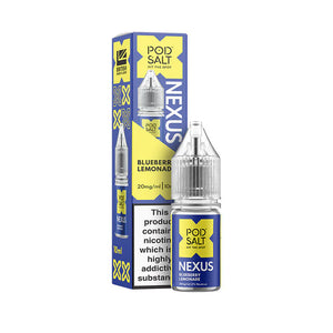 Pod Salt Nexus Blueberry Lemonade Nic Salt e-liquid bottle and packaging on a white background