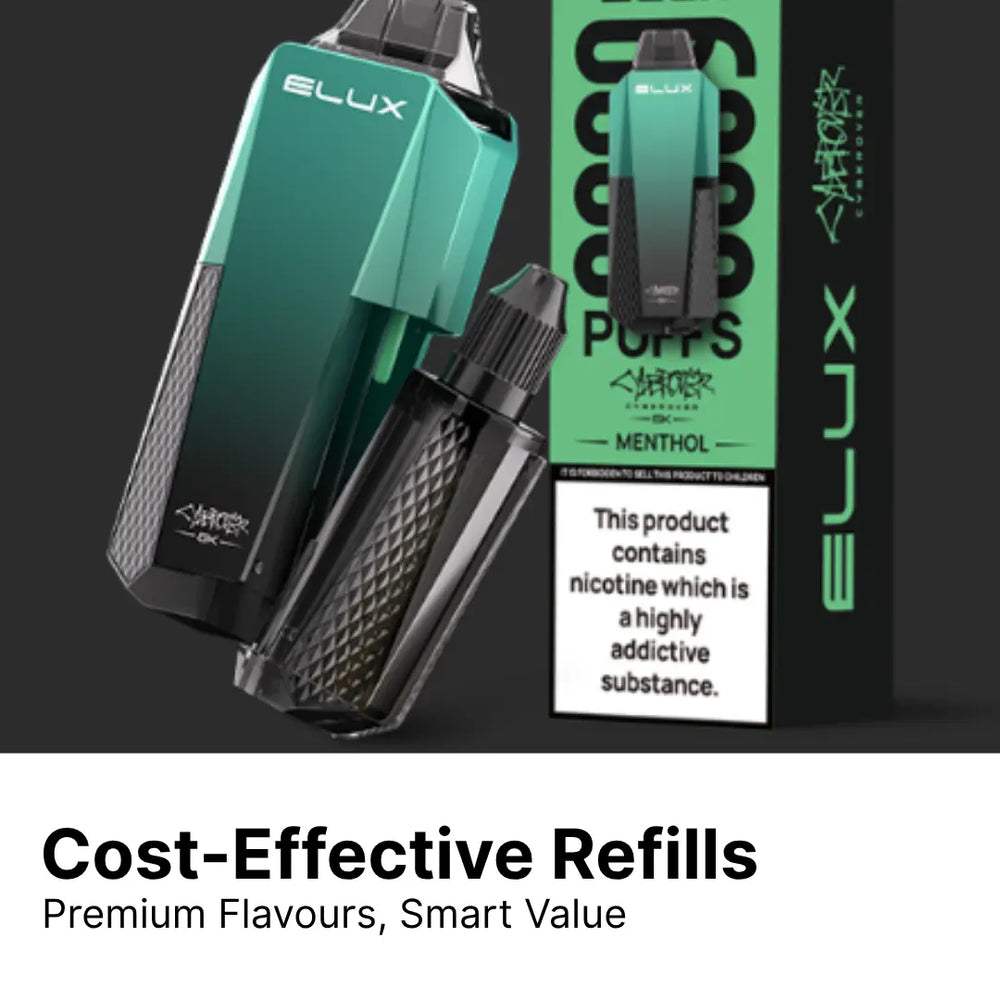 Elux prefilled refillable pod kit with replacement pods and packaging showing cost-effective vaping solution with premium Elux flavours and smart value