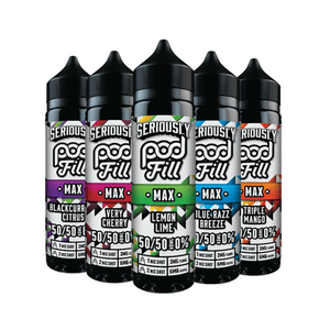 Five Seriously Pod Fill Max e-liquid bottles in various flavours, including Blackcurrant Citrus.