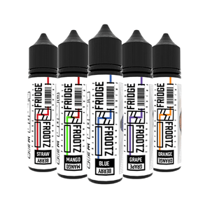Five Fridge Frootz vape bottles: Strawberry, Mango, Blueberry, Grape, Orange.