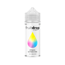 Five colourful Fruit Drop e-liquid bottles in various fruity flavours.