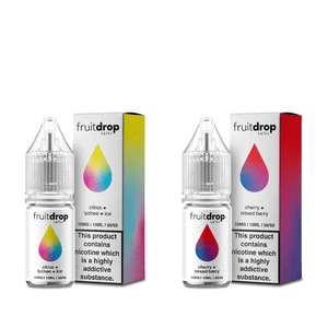 Fruitdrop Salts e-liquid bottles: Citrus + Lychee Ice and Cherry + Mixed Berry flavours.