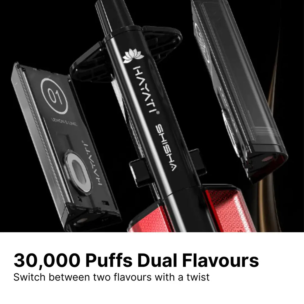 Hayati Pro Ultra Plus Shisha 30000 showing twist-to-switch dual flavour system with prefilled pods and shisha-style mouthpiece