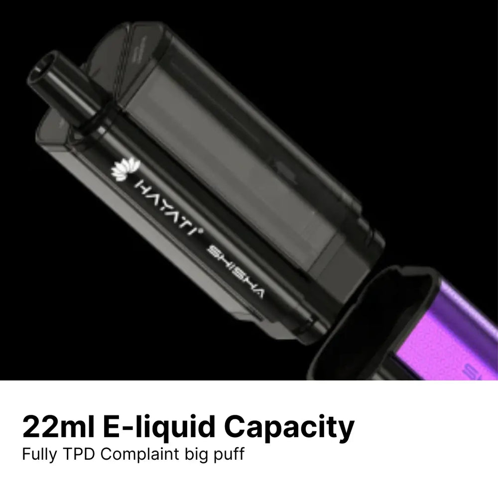 Hayati Pro Ultra Plus Shisha 30000 prefilled pod kit showing dual tanks and ergonomic shisha-style mouthpiece