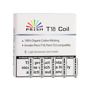 Box of Innokin Prism coils and box T18 1.5 ohm 5 pack with logo, highlighting organic cotton wicking and coil details.