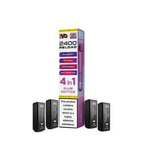 IVG 2400 Reload Plum Edition 4-in-1 prefilled pods with IVG 2400 pods featuring Plum Blue Razz, Plum Cherry, Plum Raspberry and Plum Pomegranate flavours