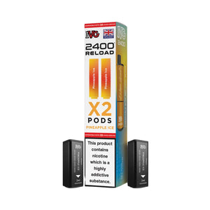 IVG 2400 Reload Pineapple Ice twin pack with 2 IVG 2400 pods displayed alongside orange and white packaging featuring Pineapple Ice flavour