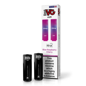 IVG Air Blue Raspberry Cherry vape pods, 20mg, with packaging displaying nicotine warning.