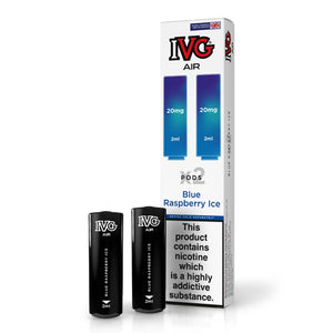 IVG Air Blue Raspberry Ice vape pods, 20mg, with packaging showing nicotine warning.