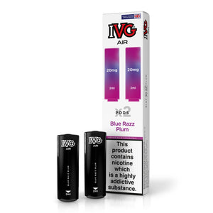 IVG Air Blue Razz Plum vape pods, 20mg, with packaging and nicotine warning label.