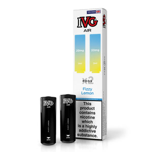 IVG Air Fizzy Lemon vape pods, 20mg, with packaging showing nicotine warning.