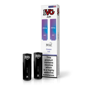 IVG Air Grape Ice vape pods, 20mg, 2ml, with packaging displaying nicotine warning.