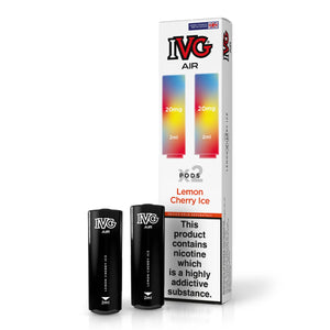 IVG Air Lemon Cherry Ice vape pods with packaging, nicotine warning visible.