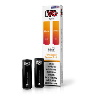 IVG Air Pineapple Passionfruit vape pods with packaging, featuring 20mg nicotine strength.
