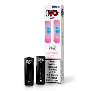IVG Air prefilled vape pods, Strawberry Ice flavour, with packaging displaying 20mg nicotine content.