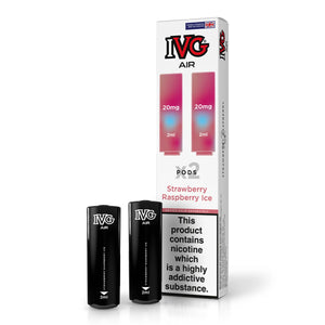 IVG Air Strawberry Raspberry Ice vape pods, 20mg, with packaging and two pods displayed.