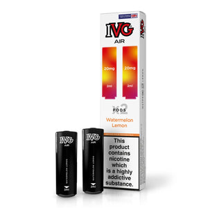 IVG Air Watermelon Lemon vape pods, 20mg, with packaging and nicotine warning label.