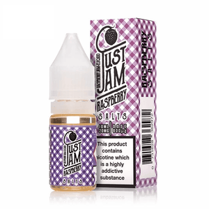 Just Jam Raspberry Salts 10ml e-liquid bottle with packaging, purple checkered design.