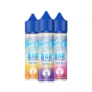 Three bottles of Just Juice Bar Below Zero 40ml saltfill e-liquid on a white background